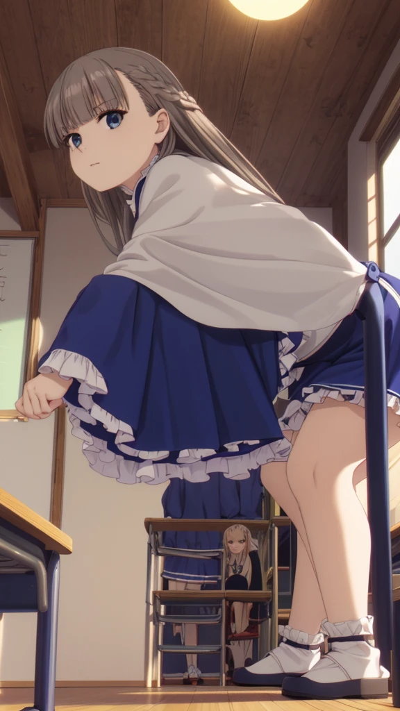 1 woman, skirts, (show off g-string detailed pantie), (hands skirt lift), from front, cowboy shot, BREAK annoyed,shoot from below,futon,tatami,Blonde,long hair
