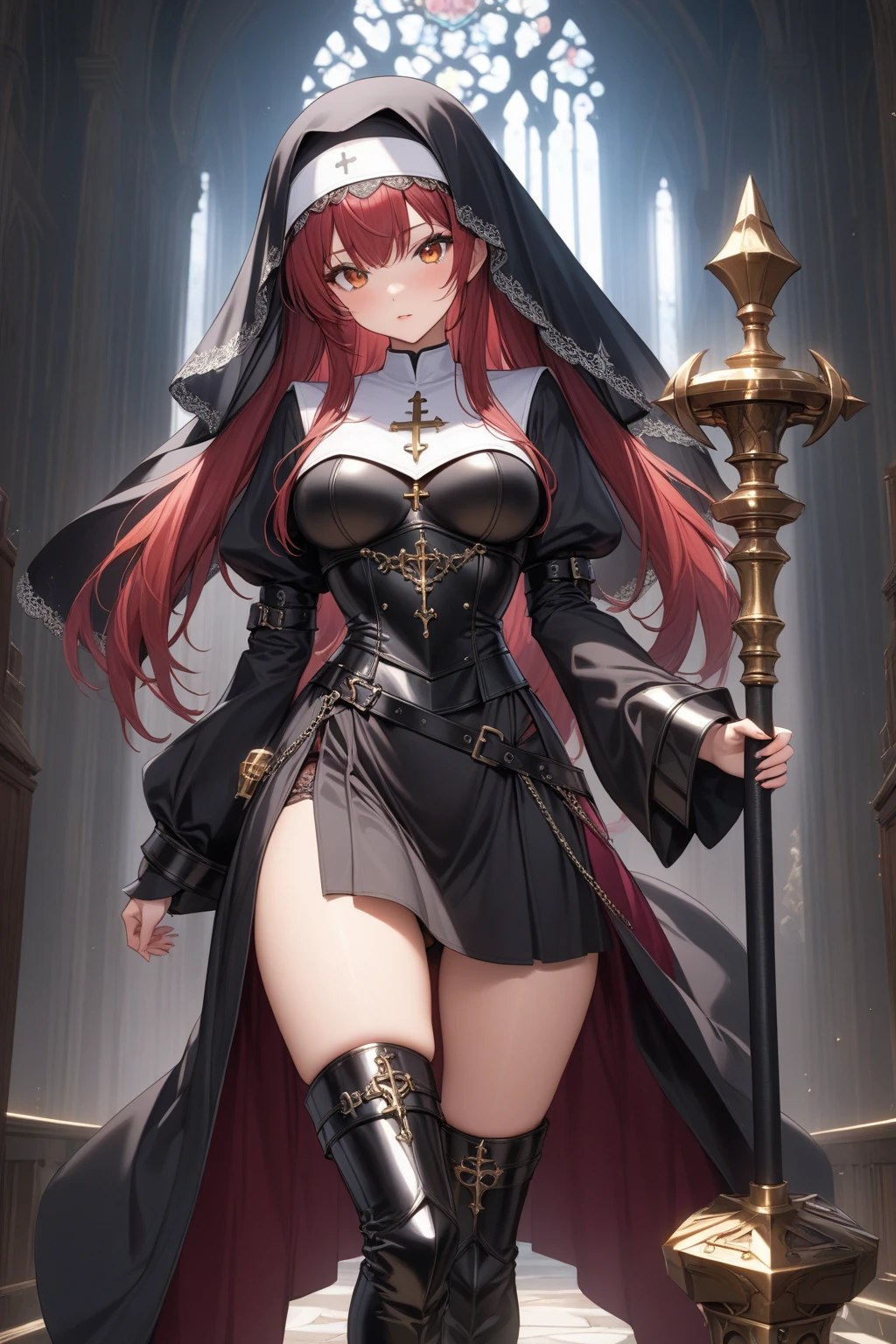 1girl, hololive, Houshou Marine, red hair, Twintail hair, gold eye ＆ orange eye, Gothic Monastic Clothes, very beautiful Nun, Nun Robe, Gothic, black nun costume, legs, (masterpiece, best quality, very detailed depiction, Incredible High Resolution, High quality anime drawings), (Mysteriously crafted black metal armor:1.3, breastplate:1.3, leather thigh-high boots, Exquisite Armor Details, Black Veil), fantastic atmosphere, hold in hand a Super gigantic mace, Leather Breastplate, Leather chest armor, petit, garter belt,