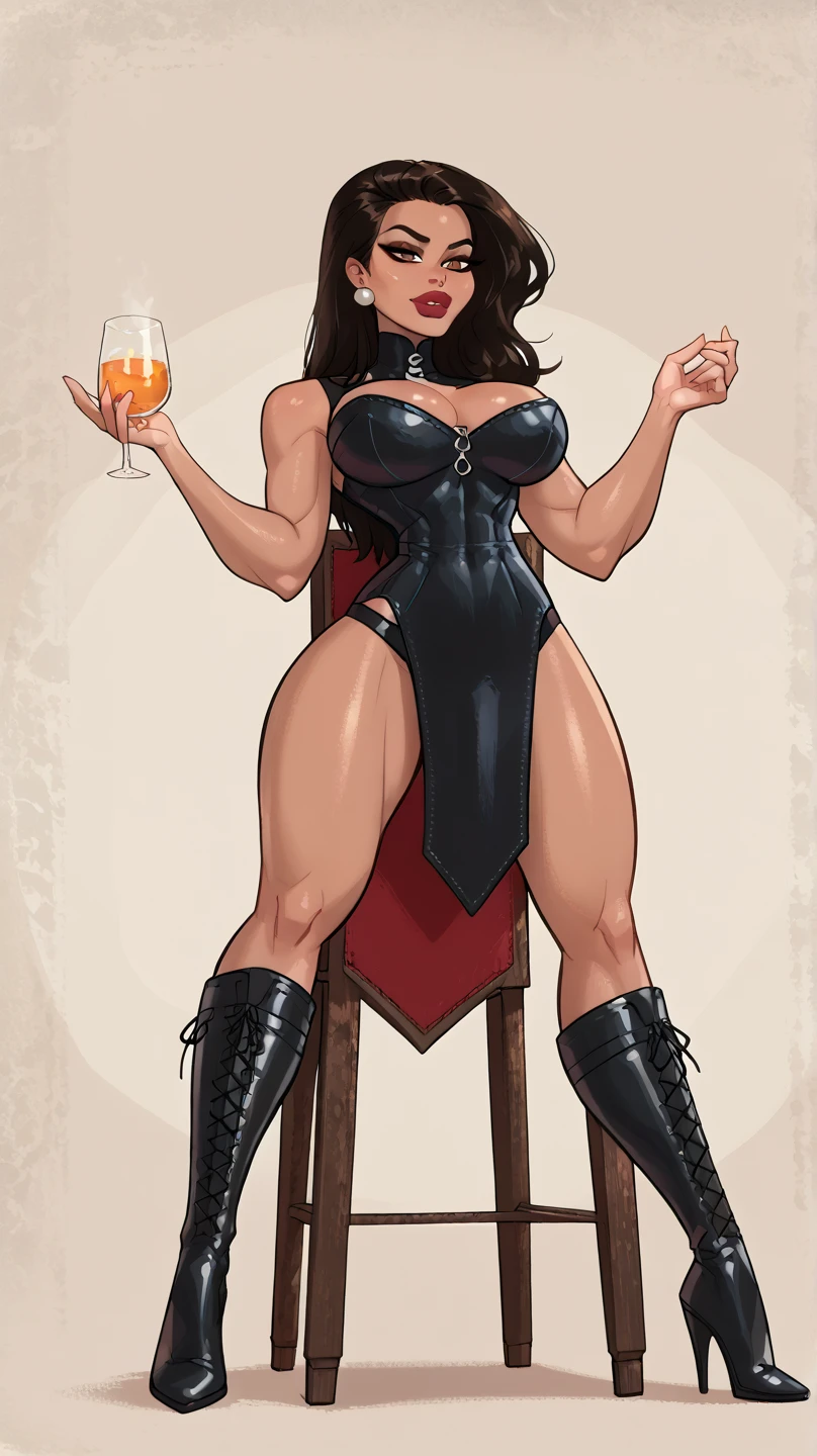 masterpiece，A high resolution，best qualtiy：1.2），8K，highly detailed，complex，rich colorful，vibrant image，Clear focus，cinematic Leland hair，long black hair，Green eyes, visible abs, topless, fully naked breasts, exposed breasts, naked breasts，Black frilled skirt，a garter belt，Leather belt) (Large, Perfect round breasts，Hourglass body，Big breasts, huge breasts, groping beasts, squeezing , Thin waist，Very thin waist， photograph realistic，（hyper realistic：1）big breasts, beautiful, NSFW, tmasterpiece，Best quality at best，extremely detailed face, perfect face，beautiful face，Perfect lighting，Detailed eye makeup，Details of the face，Nice detail eyes，pretty hand，perfect hand，glowing light eyes（realistic pupil，Realistic iris：1）Heavy eye makeup，（empty Casino）（Posing dynamically）visible panties, holding strap on dildo, 