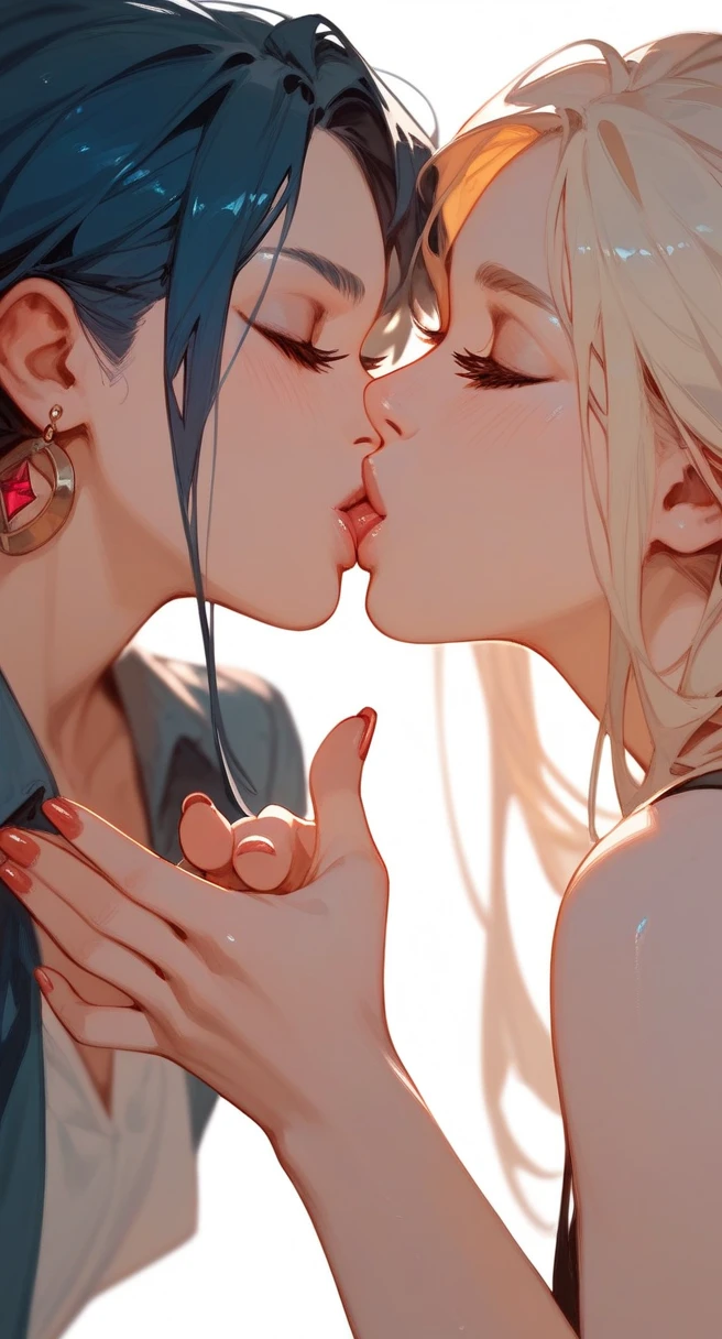 two girls: the first one, black hair, bangs, skinny, light skin, blue eyes, tattoo, nipple piercings, make-up, big breasts; the second, blonde, green eyes. NSFW, sweating, nipples, WET PUSSY, FEMALE MASTURBATION