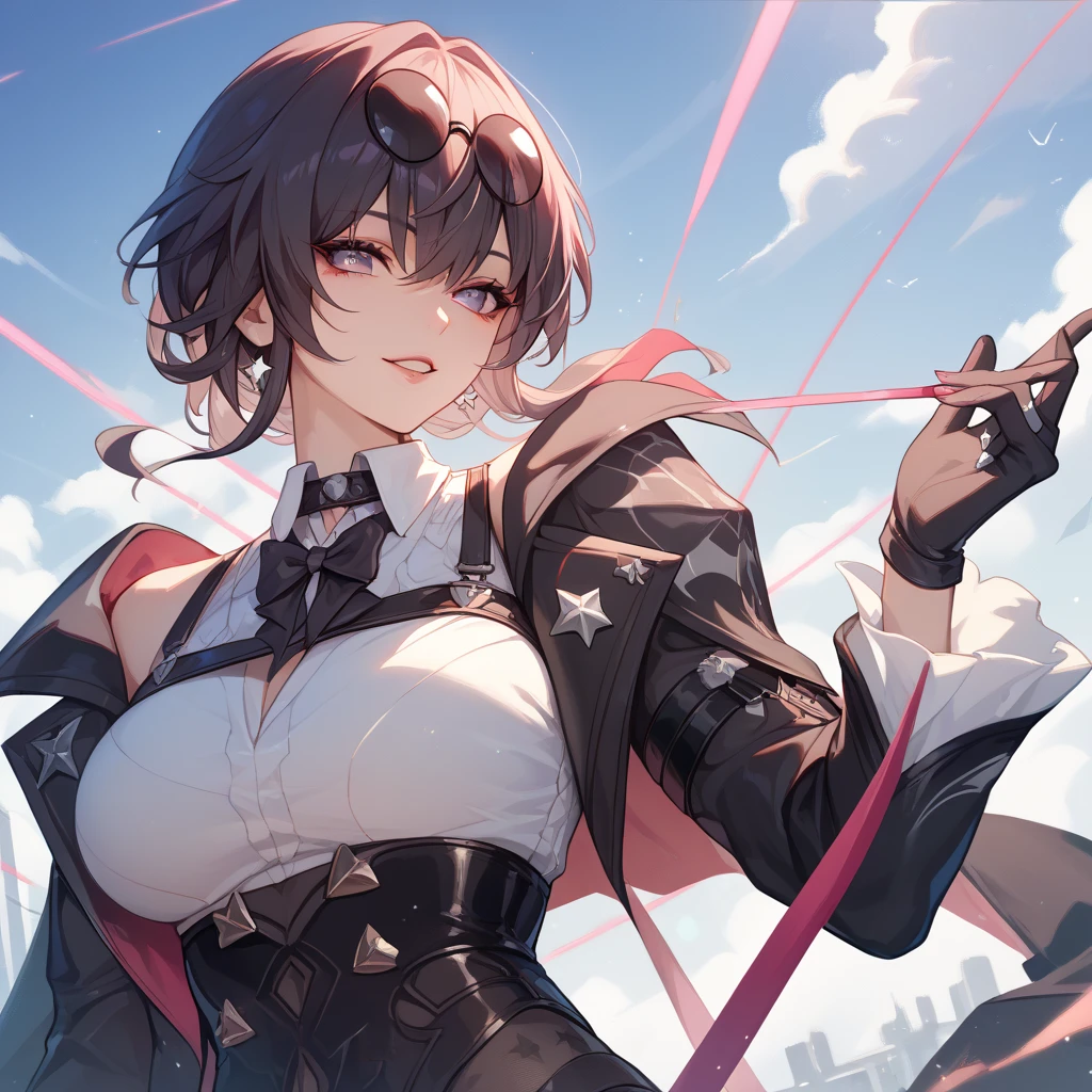 1girl, absurdres, belt, black coat, black footwear, black jacket, black shorts, blunt bangs, bob cut, breasts, bridal gauntlets, chest harness, cleavage, coat, collared shirt, detailed face, detailed eyes, earrings, finely detailed face, finely detailed eyes, full body, gloves, hair between eyes, hair ornament, harness, highres, high-waist shorts, jacket, japanese clothes, jewelry, kimono, large breasts, long sleeves, mole, mole under eye, obi, outdoors, pantyhose, pantyhose under shorts, ponytail, purple eyes, purple gloves, purple hair, purple kimono, red hair, ring, sash, shirt, short hair, short kimono, short shorts, shorts, shoulder armor, shoulder strap, sidelocks, single thigh boot, smile, solo, stading, tassel, thighhighs, thighs, thigh boots, thigh strap, white shirt, white sleeves, wide sleeves