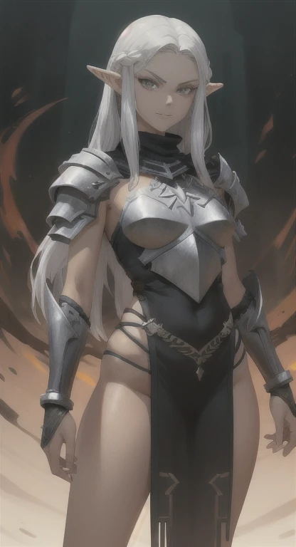 Dark elf, gladiator, sexy body, white hair, expensive jewelry, tight leather armor.
