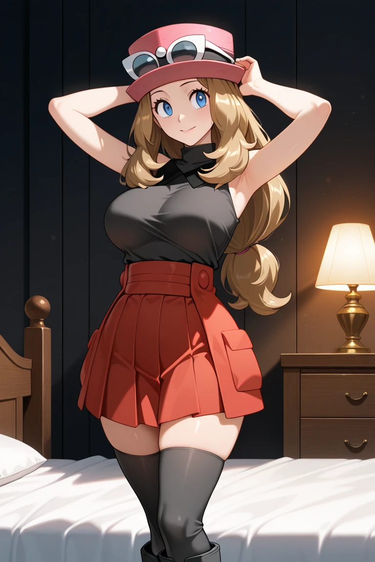 4kqulity, top-quality, , big breast,)on the beds, show breasts, 16age, sexypose, ultra-mini beautiful lingerie and stockings, Bewitchingbeauty legs, closing eye Feeling face Love Pee, show vaginal rupture,black microbikini, Serena \(pokemon\), red hat, brown hair