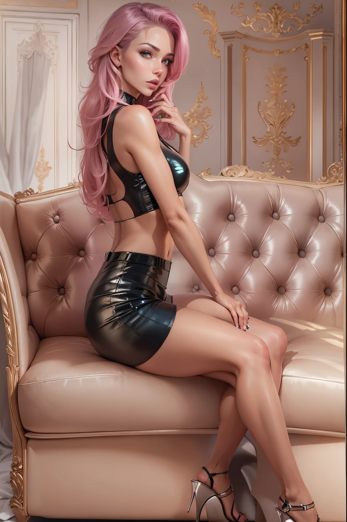 photorealistic, posing for a photoshoot, looking at camera,18 year old waif-like model, slim skinny muscular climber,blue eyes, full glossy lips, thin face, curly blonde hair, seductive, wearing latex skirt and panties, open shirt showing her large firm breasts, sexy skirt, kneeling, pleeding eyes, kneeling legs spread, submissve, camel toe, kneeling, legs spread, straddling, arms behind back, pink hair