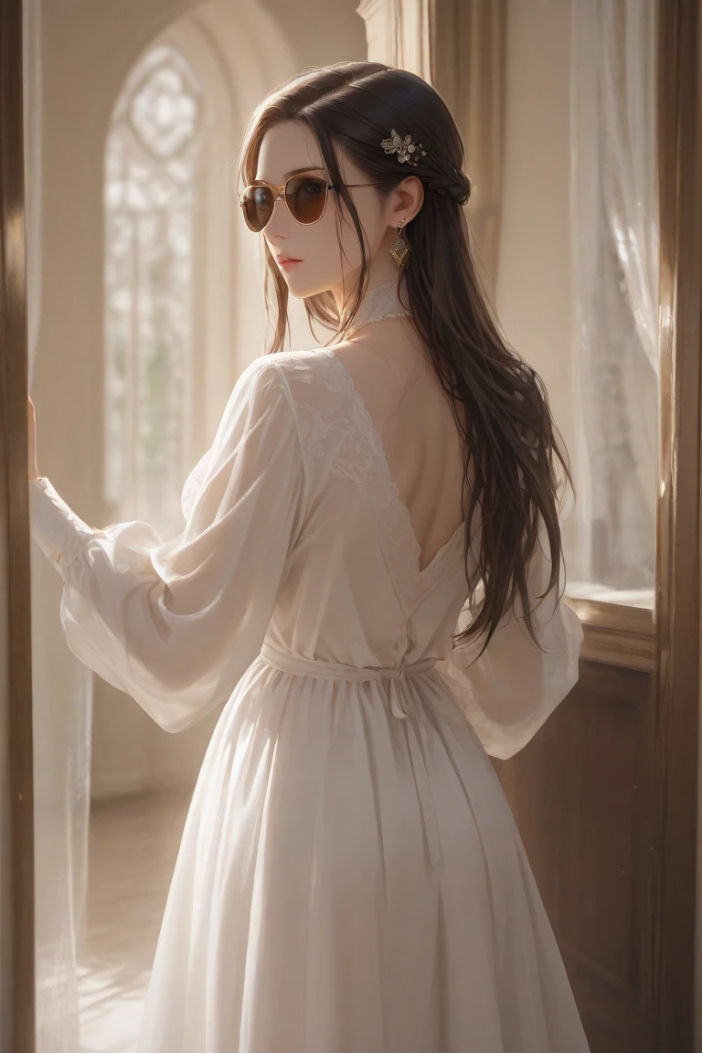 Rear view of a woman wearing a semi-transparent Ao Dai, Bra visible through