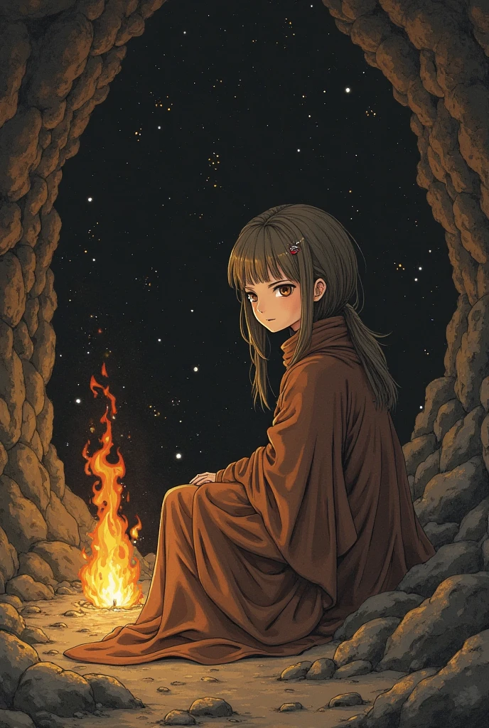 (, masterpiece),  (1 girl , solitude,Brown robe, expression face, Look elsewhere, Seats, Wide sleeves, 黑The eye, shut up,   ribbon-like flames on the head  ,  long hair, cow boy shot), (Mono Color,   the night sky at the entrance to the cave   ,   The light rises from the bottom  , In the cave ,   floating white particles,  Flames burning at hand  ,   Many small flames are suspended  ),