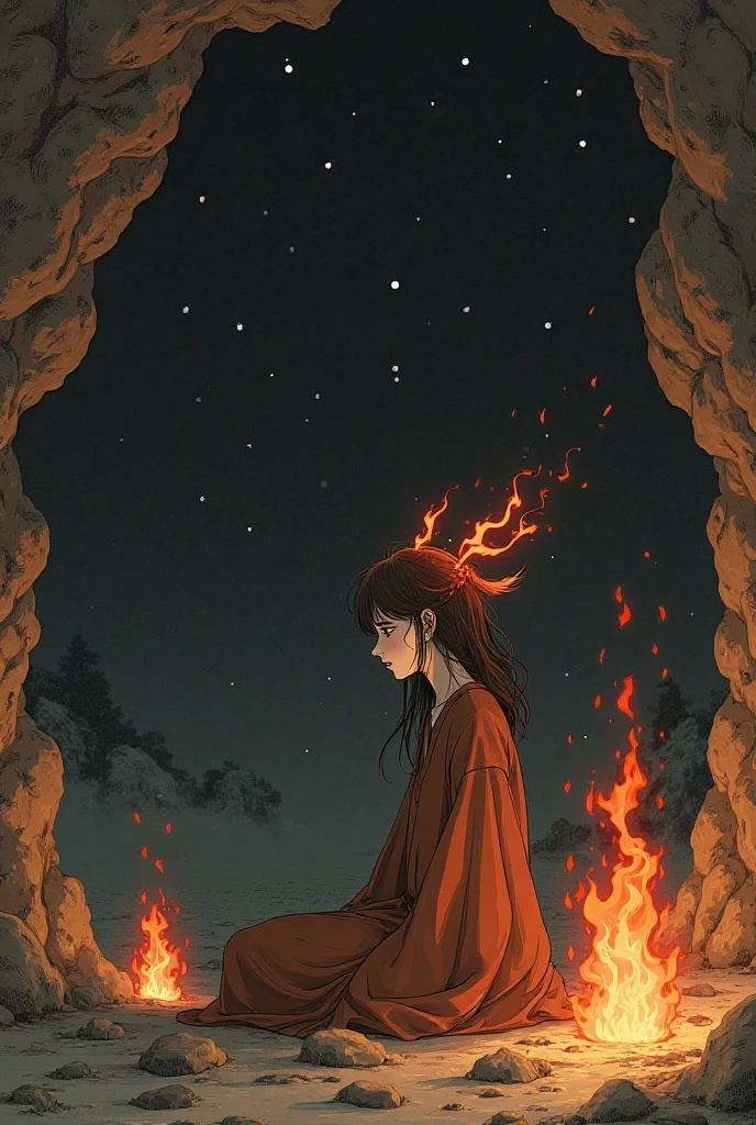 (, masterpiece),  (1 girl , solitude,Brown robe, expression face, Look elsewhere, Seats, Wide sleeves, 黑The eye, shut up,   ribbon-like flames on the head  ,  long hair, cow boy shot), (Mono Color,   the night sky at the entrance to the cave   ,   The light rises from the bottom  , In the cave ,   floating white particles,  Flames burning at hand  ,   Many small flames are suspended  ),