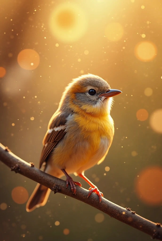 A charming close-up portrait,Showing a beautiful bird,Illuminated by soft golden light on a quiet morning,The bokeh ball gently frames its petite body