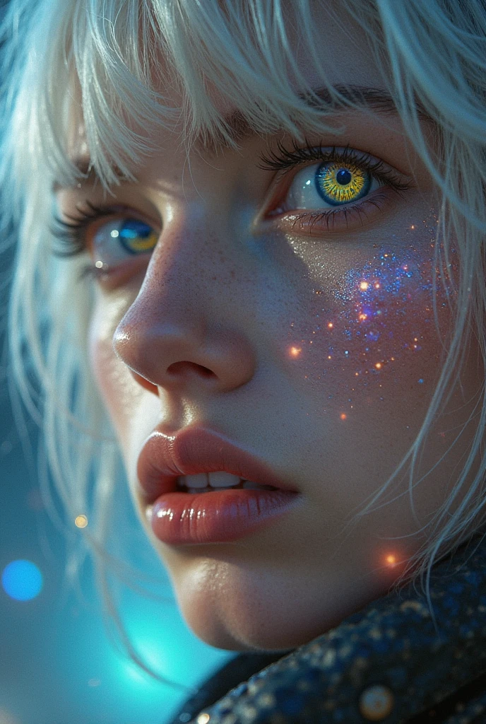 (Close-up of a masterpiece:1.5)0.9]，(Space and astronauts:1.2) (Messy silver hair:1.1) (Heterochromia yellow blue eyes:1.2) (Casque spatial:1.0) (Colorful stars in the eyes:1.0) (Dazzling light:1.1) (Thick lip:0.9)