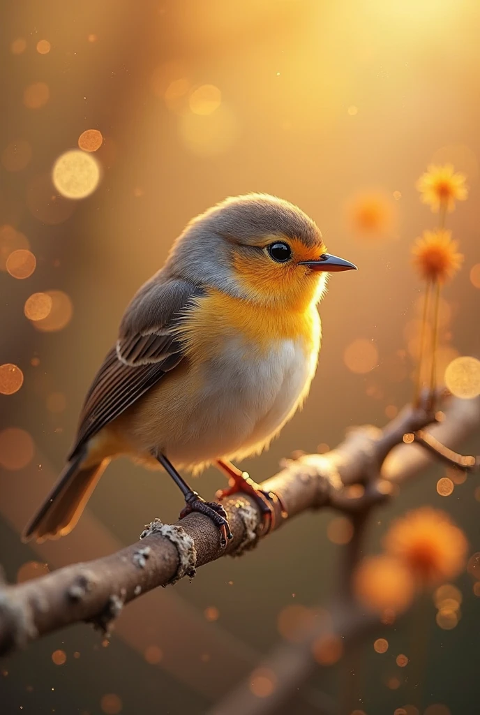 A charming close-up portrait,Showing a beautiful bird,Illuminated by soft golden light on a quiet morning,The bokeh ball gently frames its petite body