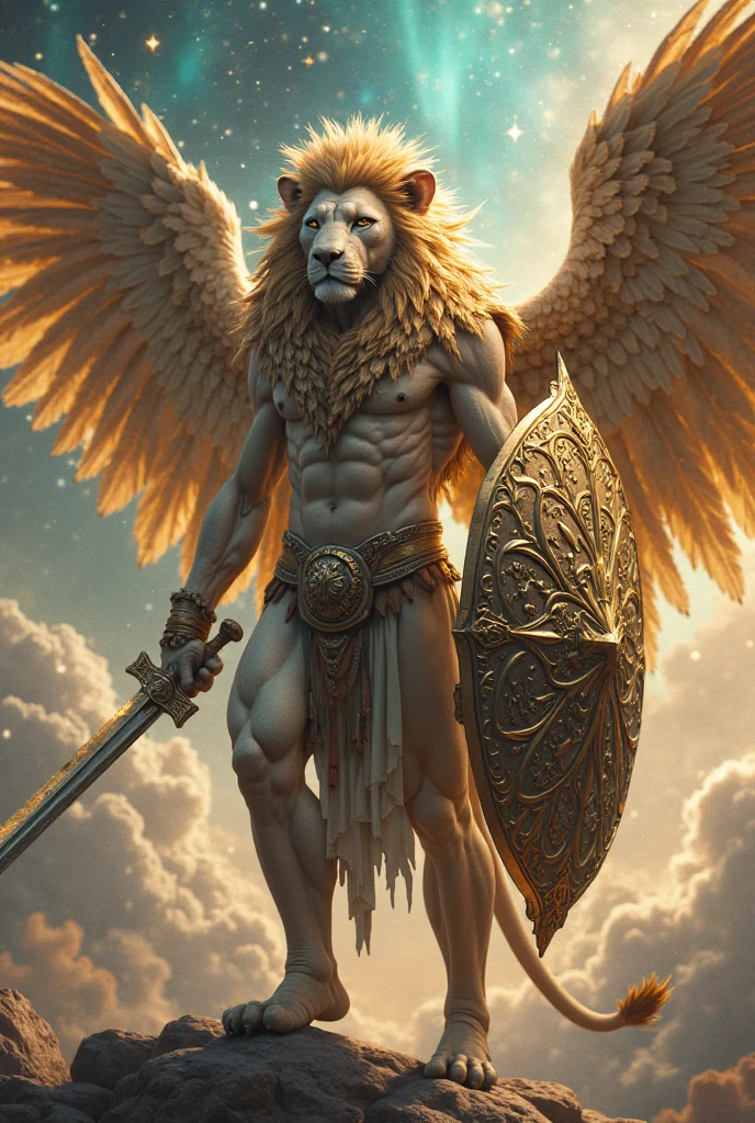 An angel with a lion's face, bezerro, eagle and man. With four wings and with calf's feet.