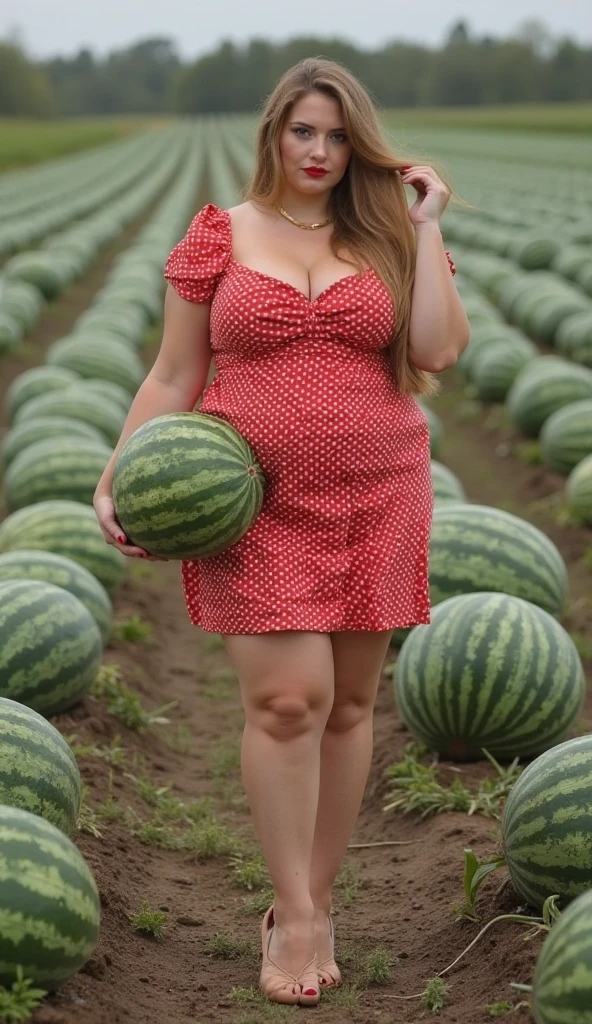 Holding a long skinny cucumber in her hand, open mouth, Beautiful sexy girl in a flower sundress at the market ,4k, ultra realistic, natural , cleavage, saggy tits ,medium brown hair, blue eyes, beautiful smile, holding a long cucumber next to her open mouth.