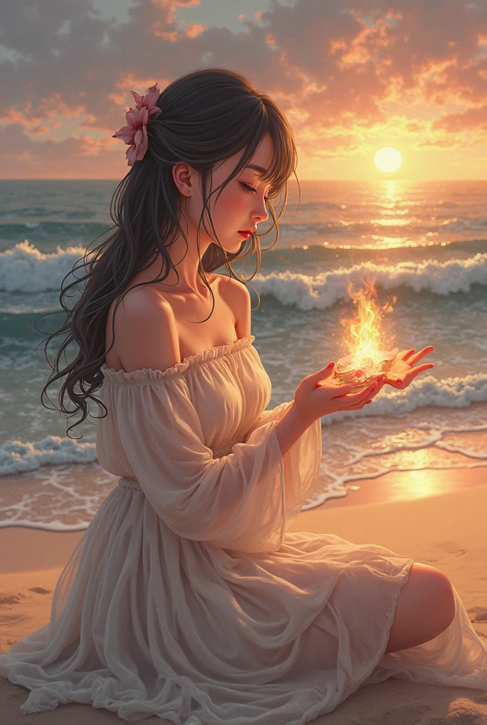 The firelight of the campfire flickers across her sun-kissed skin, painting her 22-year-old form in a dance of warm and cool. Her hair, the color of spun moonlight, cascades over the sand like a forgotten dream, whispering secrets to the tide. Her lips, stained with the faintest blush of the setting sun, are parted in a soft sigh, releasing the lullaby of the ocean into the star-dusted night. She sleeps, a vision of serenity nestled against the dying embers, the rhythm of the waves her only lullaby.