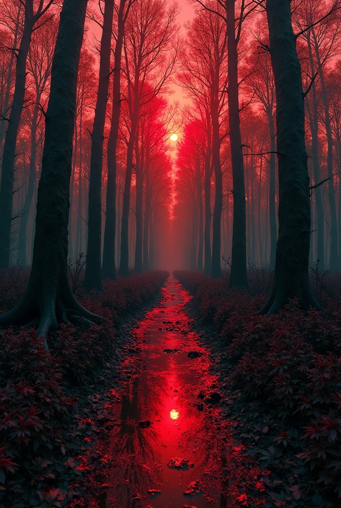 Photograph of the process that takes place in the text-to-image software with artificial intelligence in the first moments of generation.deep-forest、On the forest、Crimson Full Moon in the deep night sky