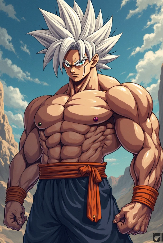 Screenshot of my hero academy .
Muscular boy but not excessively with white hair spiky like super saiyan with entirely red eyes with a tender appearance