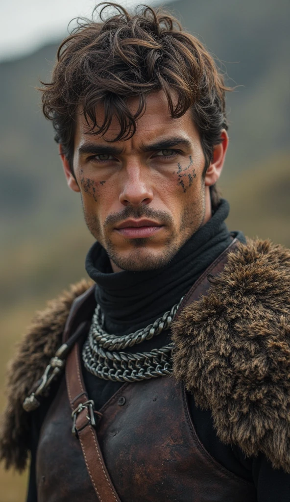 best quality, 500px, cgsociety, 8k, raw photo of beautiful warrior man face, in a fantasy village, ambient light, backlight, volumetric lighting, realistic, realistic lighting, cinematic lighting, depth of field, sharp focus, dynamic pose, face focus, looking at viewer, (high contrast:1.2), film grain, cinematic LUT