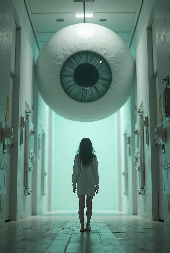 A cinematic shot of a medium-sized pretty, shapely girl sitting in an armchair. She has short, dark hair, a large bust, and a skimpy swimsuit. Behind her, a large eye looks out of a large, panoramic window. The eye has a pupil and is surrounded by a beige iris. The background reveals a peaceful landscape with mountains, trees, and a body of water.
