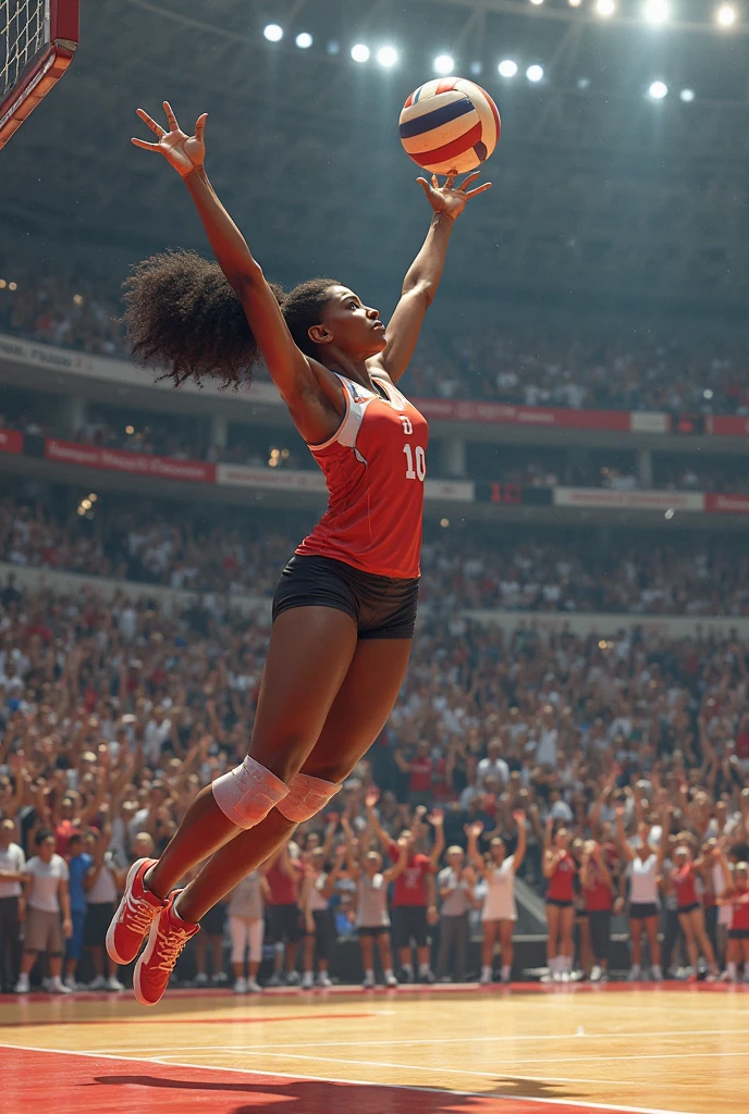 ((best quality)), ((masterpiece)), (detailed), hyperdetailed wide-view photography, sunset, 6 foot 7 inch tall gorgeous French woman with extremely muscular thighs, butt, and legs wearing a revealing red dress playing in a private pickup basketball game
