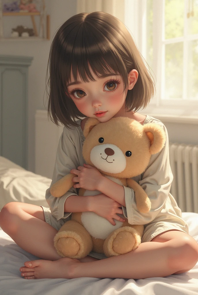 Cute Baby Chibi Anime.Pale Blue Wave Bob,Brown-eyed,Beige and brown clothes,Boken.atlibrary