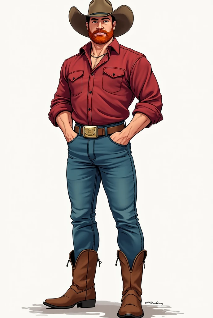((1boy, solo)), male, standing, cowboy hat, cowboy boots, blue pants, cowboy outfit, hands on hips, brown hair, bangs, ((wetting self, pee stains, puddle)), full body, looking down, blushing, clenching teeth, shocked expression