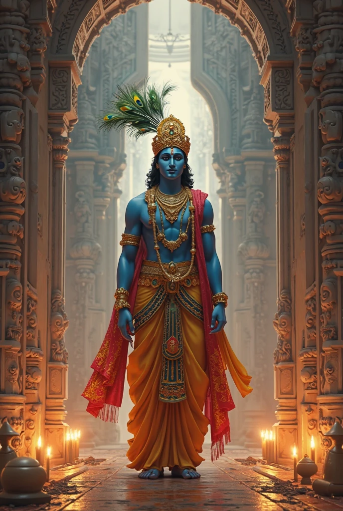 "shree krishna ji, the revered hindu deity, strollingdown a busting road. he holds a colorful umbrella in his hand, which contrasts with his traditional attire and the lively urban backdrop. the scene blends the divine with the everyday, showcasing shree krishna ji's serene presence amidst the modern world"