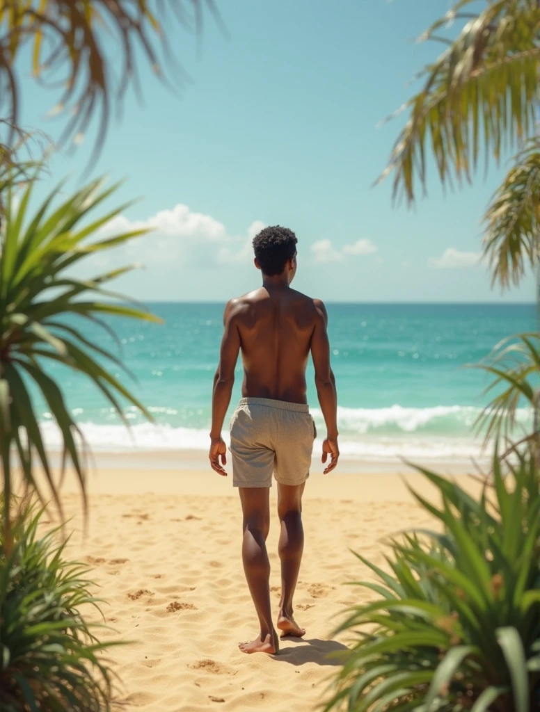 Full body guy, turn back sideways shot , nude butt half face of handsome Korean 18 years old guy wearing light brown transparent underwear, running with nude ass in Thailand beach, sun's, coconut tree.