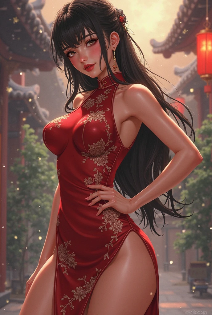 1 woman, 4, hair as black as night (((night black))), wearing a beautiful red dress (((blood red))), close to her body, enhancing her curves, very large breasts, V-neck that goes up to her navel, walking down a street at night, with gates with yellow lights (((yellow gold))), the lighting making her very sensual and unique., greek_clothes_peplos_