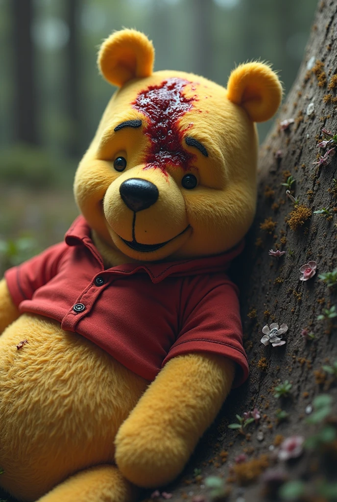 Pooh Bear is smiling while killing people.
He's killing people while being splattered with blood.　　
In the left hand is a human head　
Beside Pooh Bear lies a human ??????.
