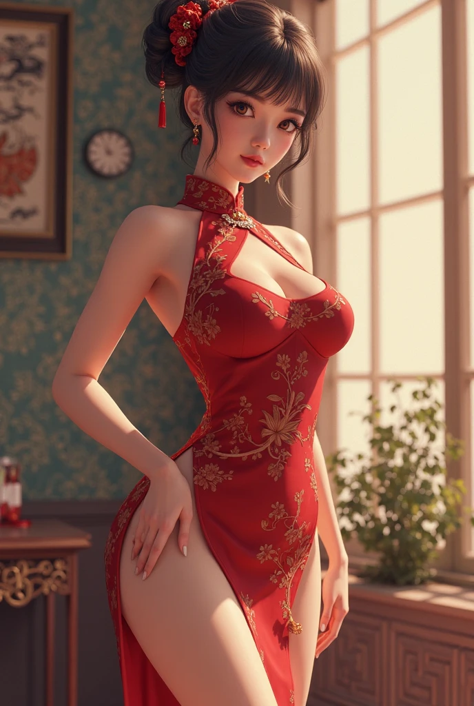 ((Best Quality, 8K, Masterpiece: 1.3)), Asian adult woman, shiny skin,((bare shoulders, china dress, chinese clothes, short dress, sideboob cutout, bare sideboob, thighs , embellishd clothes)) ,highly intricate details, highly intricate details,large breasts , cute