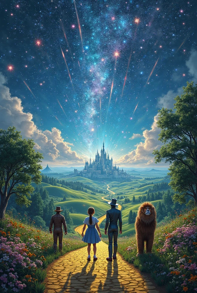 Wizard of Oz, orange stone path, tornado, flying house, magic, musical, doroti tin man. Scarecrow, lion man witch