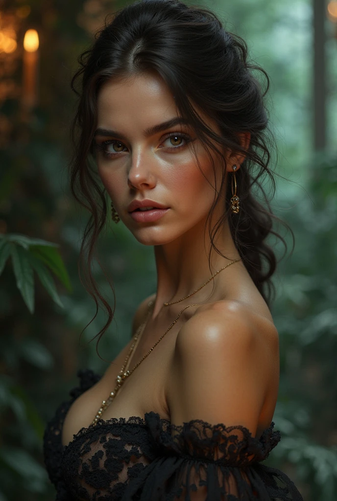 work of art, best qualityer, standing alone, 1 girl, luminous skin, hoop earings, glamourous, whimsical details, styled hair, mesmerizing, bare one shoulder, top cut, Long pants, Shallow depth of field, contrasted, professional model, front face, full body portrait
