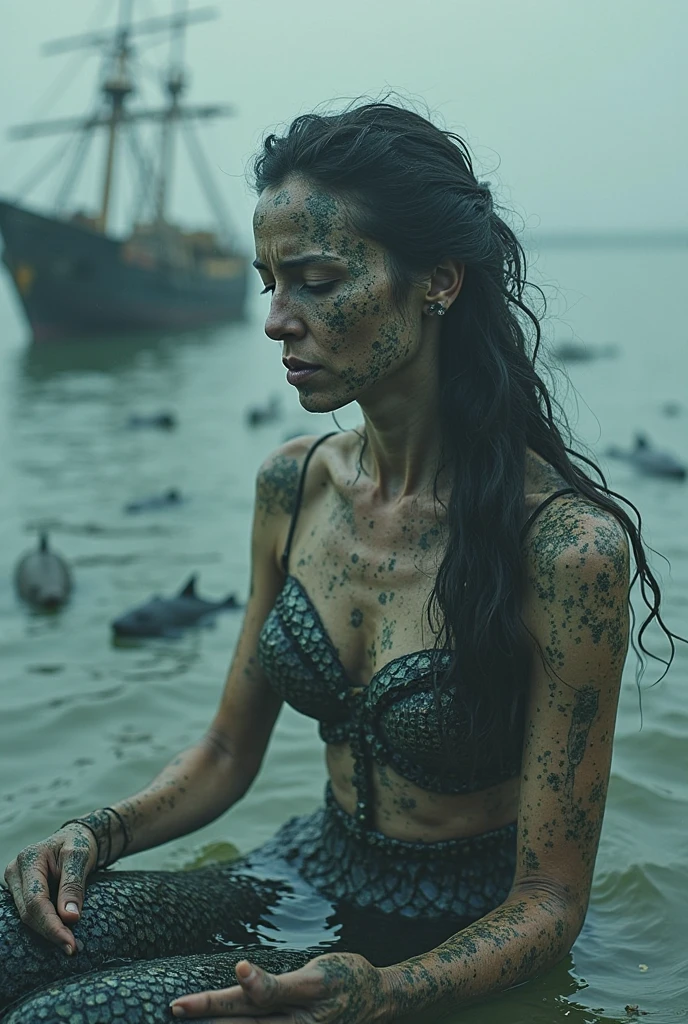 Very old and thin woman with messy hair dressed as a mermaid with heavy makeup sitting on an oil rig thoughtful and sad looking down and smoking a cigarette.