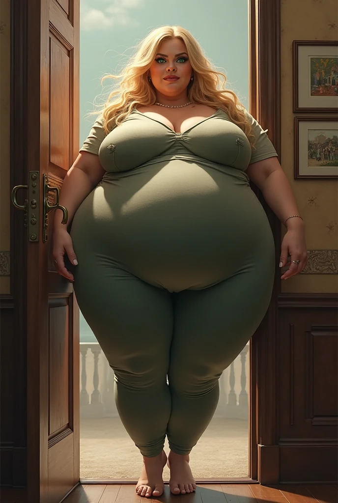 A plane passenger photo of a Beautiful ginger SSBBW, with long wavy ginger hair, with big soft fat belly, thicc fat arms, thicc wide legs, big breast, in a cute green top tucked in her pants, and black pants, at airport waiting for the plane, holding a suitcase