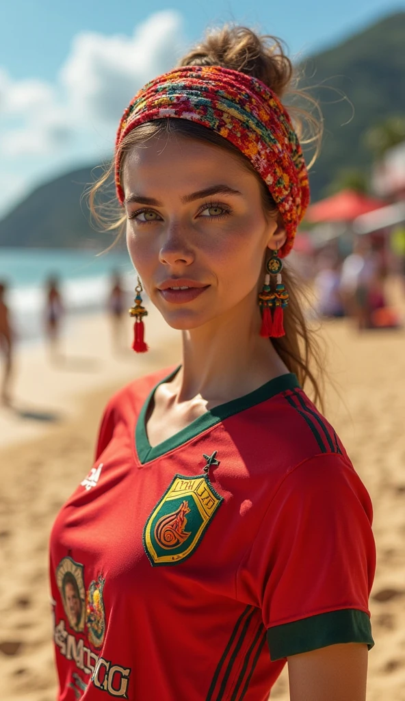 Close-up. blonde woman. Fat. Wearing an embroidered Algerian flag t-shirt . blue sea background. High quality technology.