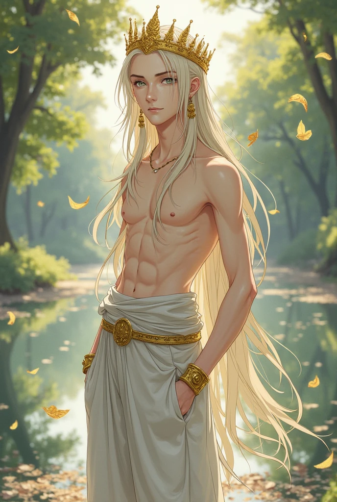 Beautiful tall Mexican angel with a slim but toned body for battle, blue eyes, long red hair with some white hair combed in a braid, he wears a sleeveless shirt with a jacaranda flower print, blue shorts and leather sandals, he has a quetzal resting on his shoulder, an obsidian necklace with a shark's tooth, he is sitting in the middle of a meadow with roses and dahlias