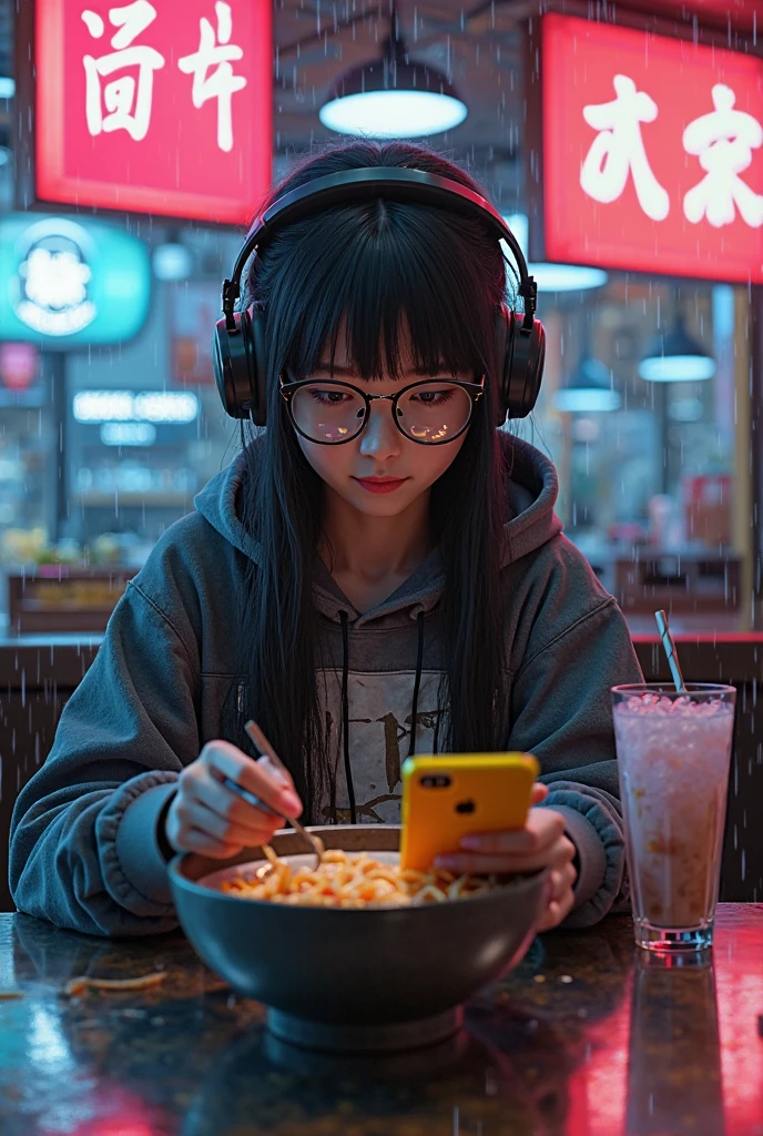 Robot girl with beautiful face sitting and eating mukbang .yummy