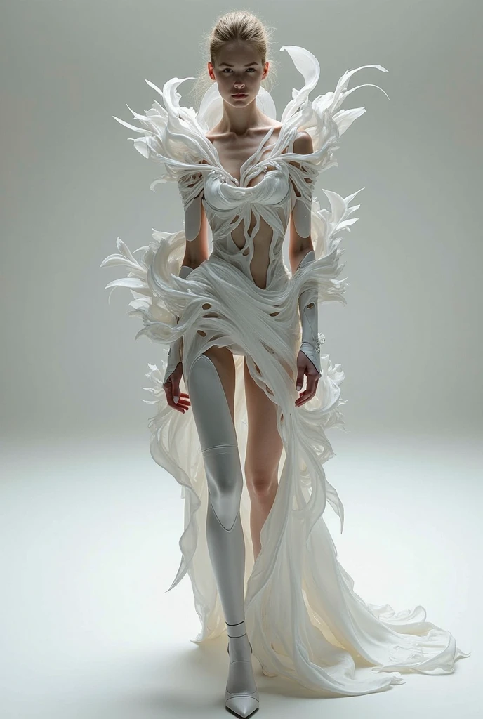 fashion brand collection, highly detailed, beautiful, masterpiece, best quality, Geometric style abstract beauty,1 girl, (all body:1.6), Shiny skin, Detailed face, two legs, approaching perfection, digital painting, artstation, concept art, illustration, white and black colors, surreal, latex, Liquid, Scattered geometry, Asymmetry patterns, abstract forms, white petals, complicated background