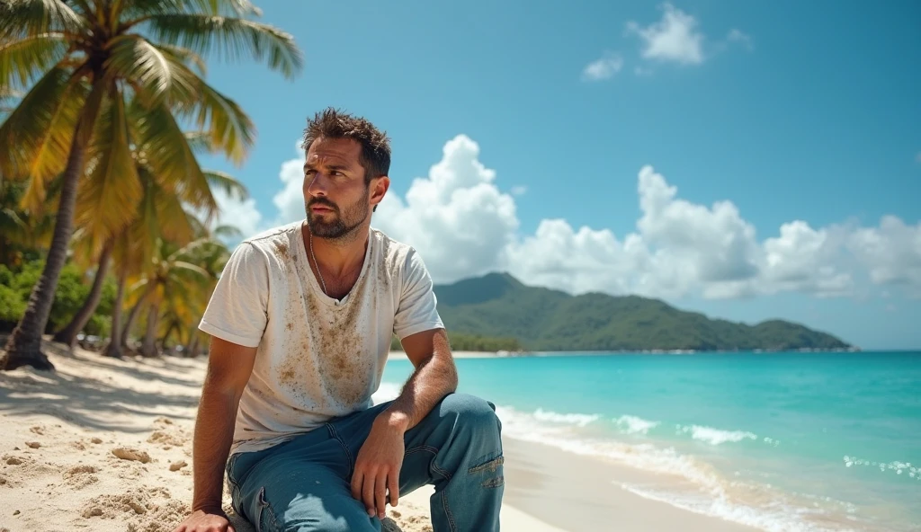 a shirtless man lying stranded on a beach
