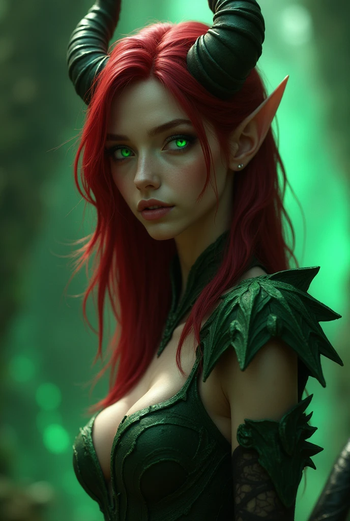 Portrait of a dark fantasy nymph, inspired by WLOP, dark beauty, short hair, redhead, green eyes, necklace on the neck, cinematic goddess, elf princess, best quality, 8K resolution, lots of detail