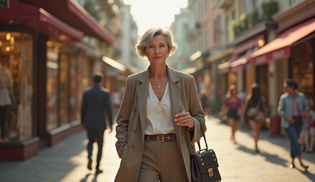 beautiful woman, blonde girl with short wavy hair and medium breasts On a sunny spring morning, the blonde woman with short wavy hair walks elegantly down a cobblestone street, dressed in an impeccable old-money style suit. The ensemble, in a neutral and classic tone, is made from high-quality materials, denoting understated luxury and timeless sophistication. The perfectly tailored jacket highlights her figure without being ostentatious, while the straight-cut trousers fall precisely over her polished leather shoes.
Her accessories are minimalist yet elegant: a classically designed watch on her wrist, discreet pearl earrings, and a fine leather bag hanging from her arm, all complementing the aesthetic of an inherited style, reflecting tradition and good taste.
Her walk is relaxed yet assured, with each step displaying an innate confidence and a poise that speaks of generations of refinement.Realistic