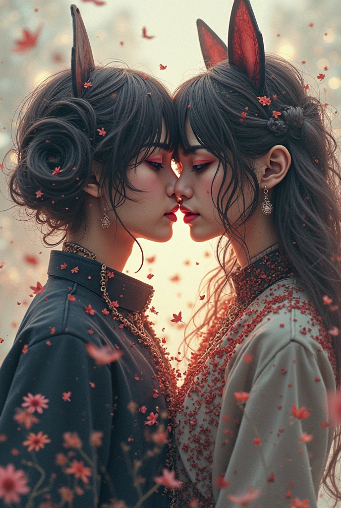 Ukiyo-e Art, 2 girls. portrait, close up, face focus, ethereal, side view, profile, 2 women kissing passionately, lips touching porcelain white powdered skin, sprayed on magenta sparkling paint around their eyes, glossy red lipstick, seductive, full length, straight orange hair pulled back in a messy top knot, huge dark blue eyes, slim, petite, perfect eyes, square face, (studio lighting on faces), vivid neon magenta, orange, tan and dark blue, glowing roses, red snapdragons, vivid glow, Japanese red maple, artwork, linquivera girl, dark atmosphere, dramatic lighting, dark background, exquisite detail, Tove Jansson Style, <lora:Ukiyo-e Art:0.5>, <lora:linquivera:0.5> <lora:Victoria_Frances_v2_XL:0.3>, <lora:MJ52:0.4>, <lora:Tove Jansson Style:0.5>, <lora:GL0W_SD_1.5__Brightness:0.9>, OverallDetail, <lora:add-detail-xl:1>