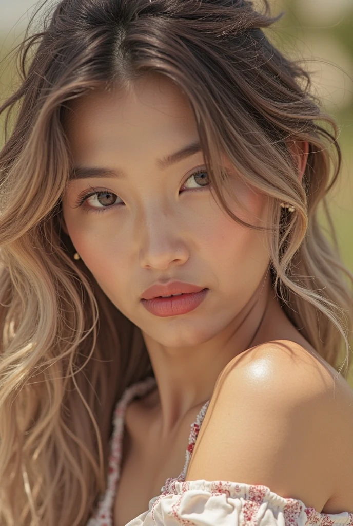 a beautiful young Asian woman with blond hair and a bodybuilder physique, as a female warrior in the jungle, full body, cinematic medium close up portrait, Key light, backlight, natural lighting, photography 400 ISO film grain 30mm lens RAW aperture f1.8, art photographer, movie still poster from Lord of the Rings, medium intricate print, choker