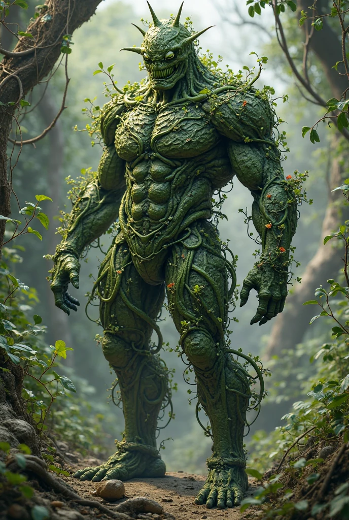 Height: 30 meters Appearance:
cos: Made from a dense mixture of intertwined vines, leaves and roots. Your skin is a combination of vibrant greens, with tones ranging from emerald to lime green. Parts of your body, like arms and legs, are adorned with flowers that bloom and close as he moves.
head: instead of a human head, Verdantus has a crown of twisted branches and colorful blooms, resembling the crown of a tree. His eyes are glowing orbs of greenish light, radiating a peaceful energy, More intense.
muka: Its face is composed of a rustic tree bark texture., and around the mouth there are small flowers that emit a soft perfume.
hands: Your fingers are thick roots, capable of extending and trapping enemies or anchoring themselves into the ground to gain strength.
Personalidade:
bravo: Verdantus is the protector of the forests and will react with fury against anyone who threatens nature., but his anger is directed and controlled, never chaotic.
lightness: Despite its grandeur and power, Verdantus exudes a sense of tranquility. He is a guardian who prefers to restore and protect, but does not hesitate to fight when necessary.
skills:
Vegetation Control: Verdantus can command the flora around him, making plants grow quickly, entangle enemies, or form barriers.
Regeneration: It is able to regenerate itself using the vital energy of nearby plants..
cloathing: When necessary, Verdantus can blend in with forests, becoming almost indistinguishable from the vegetation around it.
demeanor: He prefers to avoid conflicts, resolving situations peacefully when possible. however, if forests or the beings they protect are threatened, he rises with all his strength, showing his true fury.
