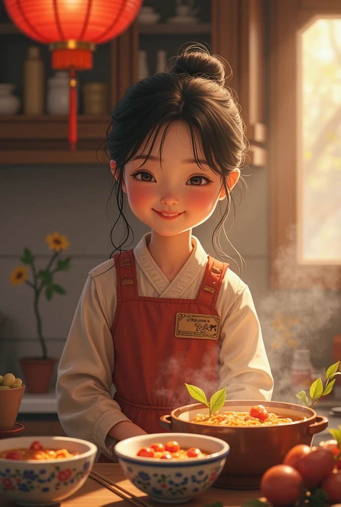 (best quality,realistic),1 pretty arabic inuit girl 18yo, cooking,wooden table,restaurant,dumplings,dancing,steaming,soy sauce,smiling,laughing,cute eyes
