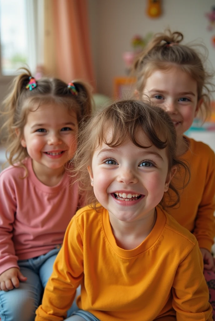 , blonde, ugly, photographed in a playpen. The girl is playing with other boys. The photo is taken from above. The girl looks at the camera and strikes a childlike pose. The girl doesn't know she's being photographed.