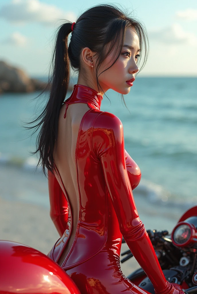 (NSFW:1.5), 1 Female, Age 50, Japanese, Beautiful mature woman, walk, Back view, turn around, Thin vinyl bodysuit、Bodysuits dig into your skin、(( face)), In the heat of summer, blush, Open Mouth, {{{Vulgar}}}, (Bursting Busty:1.20), Belly piercing, Short Hair, (Perfect Anatomy), (Vulgar), ((Sweat soaking through the bodysuit)), Mastepiece, It&#39;s photorealistic, background: Shibuya in midsummer