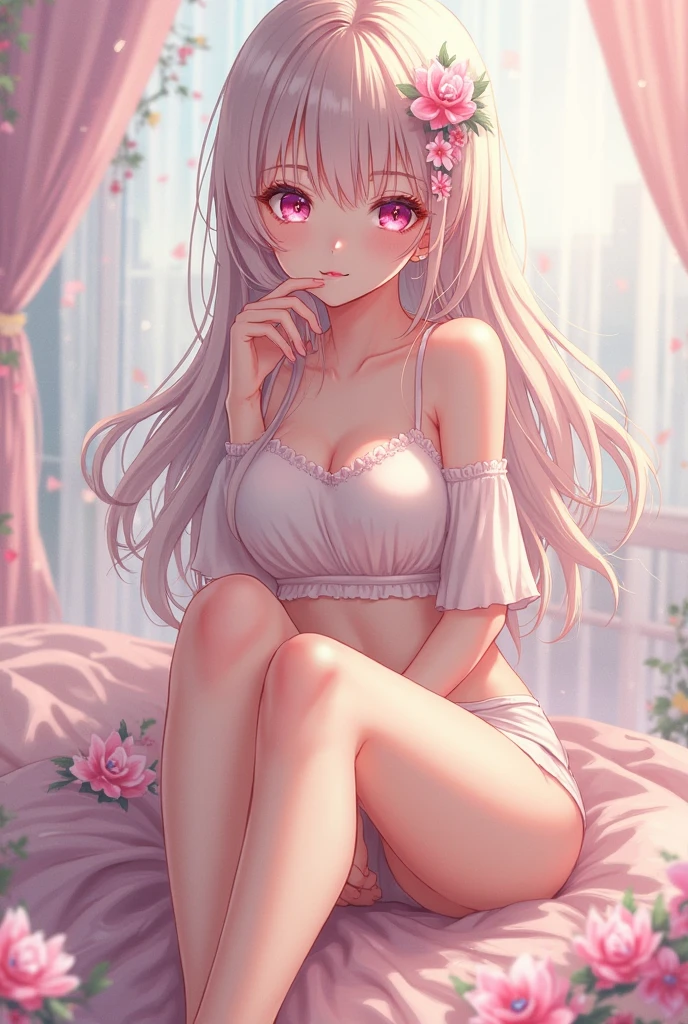 Une fille, Size, blush rosé, smiling, pink lip, yeux vert clair, bras fins, little belly, big thigh, white semi-transparent tank top, short en jean, black fishnet legs, heart shaped necklace, long white hair, sur un lit, lying on the back