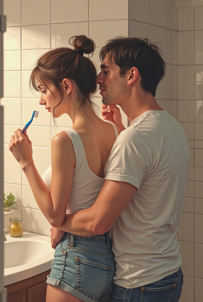 Young woman takes a shower with a man
