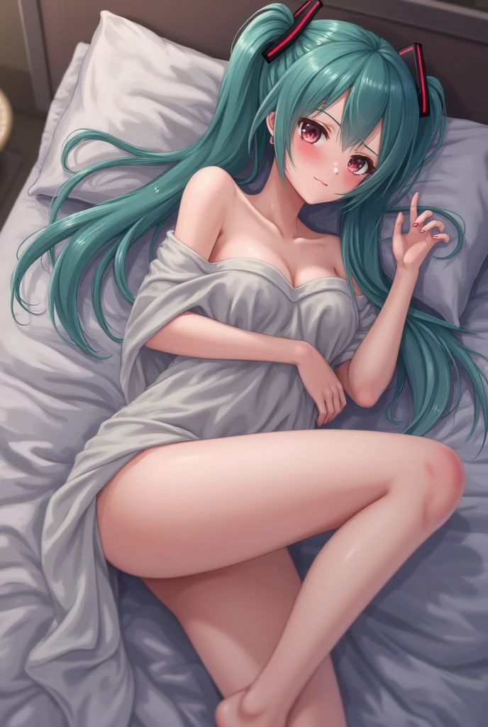 (Best Quality,High resolution,8K,finelity detailed background,Masterpiece:1.2),beautiful girl,Shiny green hair,messy hair,Green Eyes,Gentle look,A refreshing look,Best quality,Best Quality,Aesthetic and aesthetic:1.2,Best details((Super detailed))(High-definition CG illustrations),cute下着 (white,intricate lace),Slender body,Late Night,Moonlit Night,Bedroom,On the bed,smile,blush,cute,Scrounge,Looking up,Being spoiled,super model,on back,shoot from above