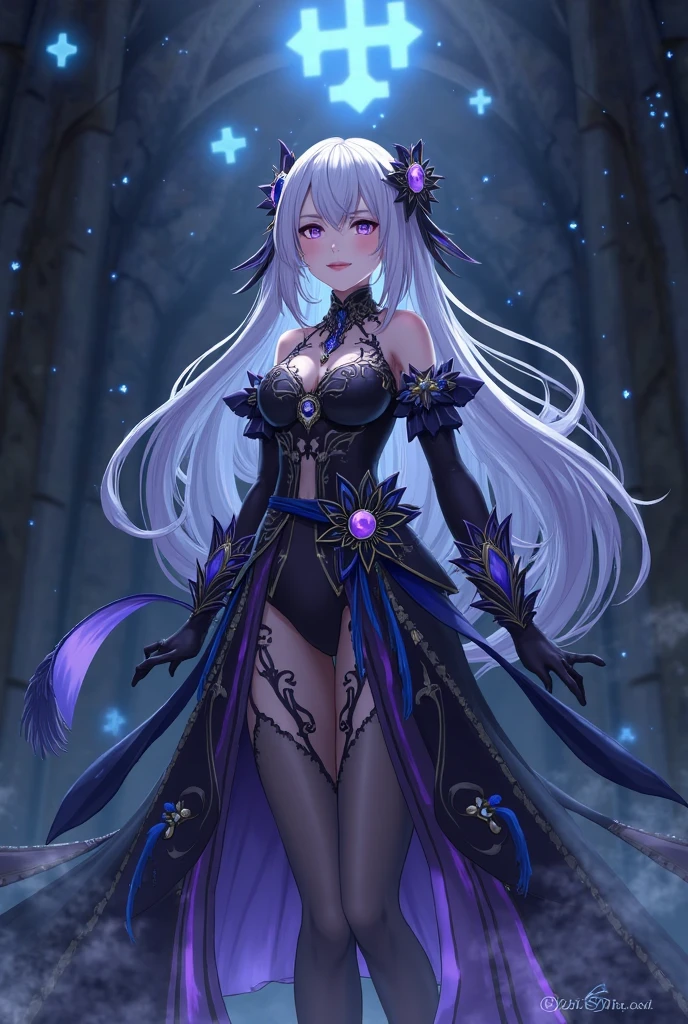 A girl of average height. Marsh-colored hair, with some purple strands. Snow-white skin with makeup in the form of scales on the face. There are no legs, they are replaced by a black tail with purple streaks. She is wearing a beautiful dress. Anime style , russ Yuan-ti from dnd , a half snake , instead of legs she has a tail